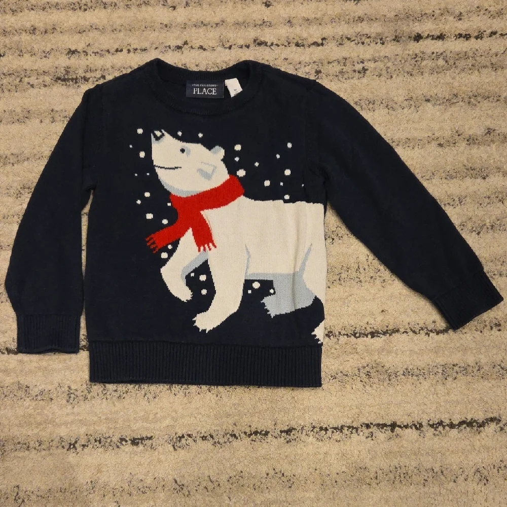 Children's Place Navy Polar Bear Sweater with Red Scarf 3T